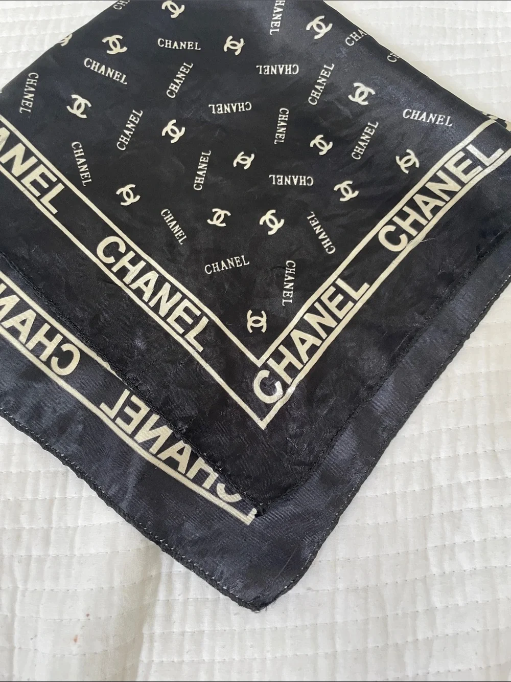 CHANEL Black and Cream Signature Silk Square Scarf